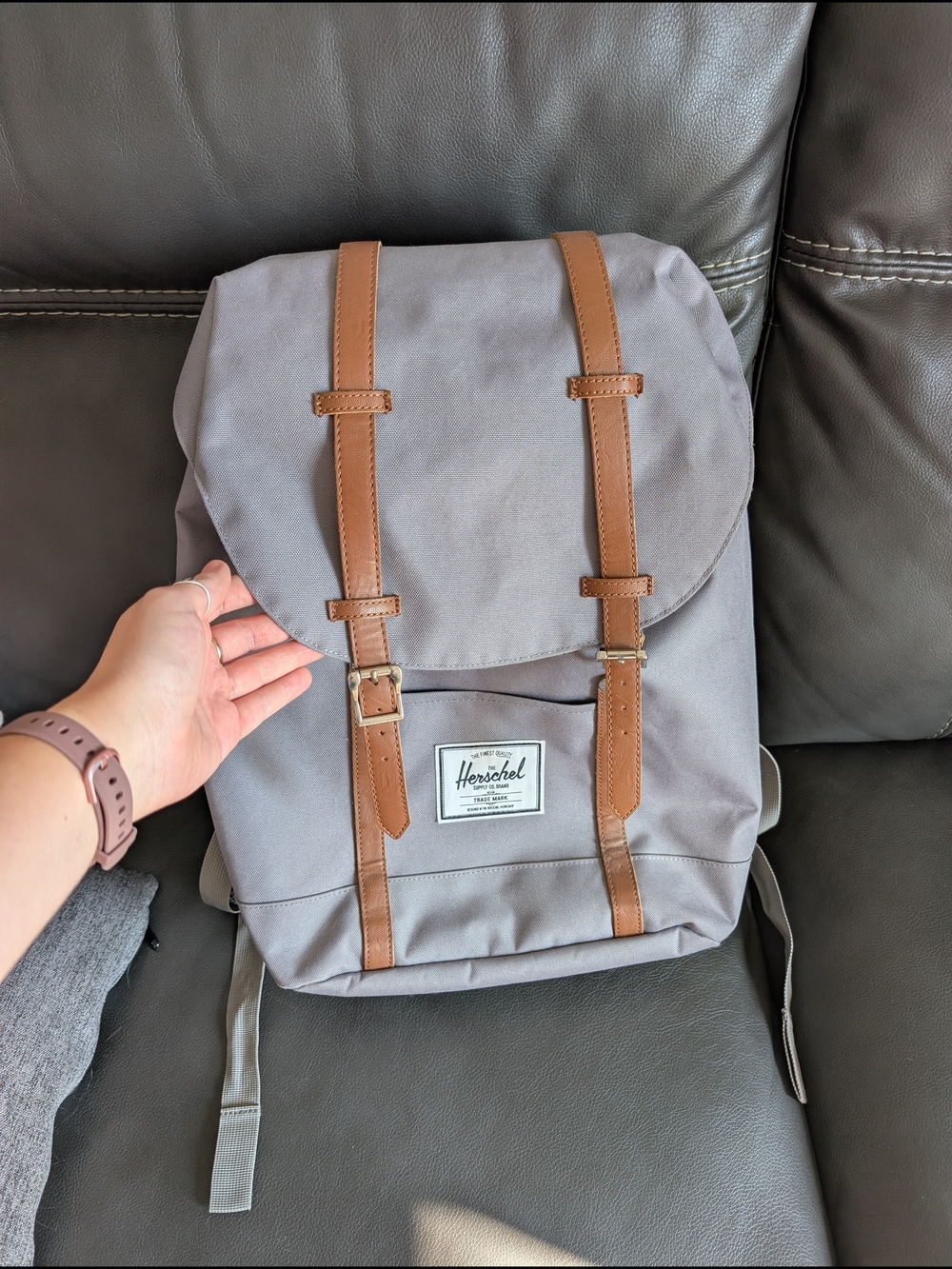 Herschel Light Gray Retreat Backpack with Brown Straps